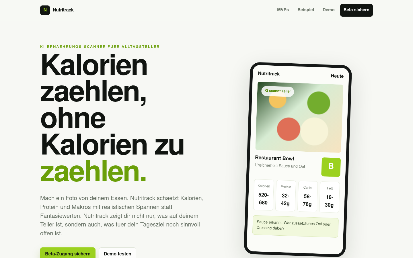 Current Nutritrack product interface