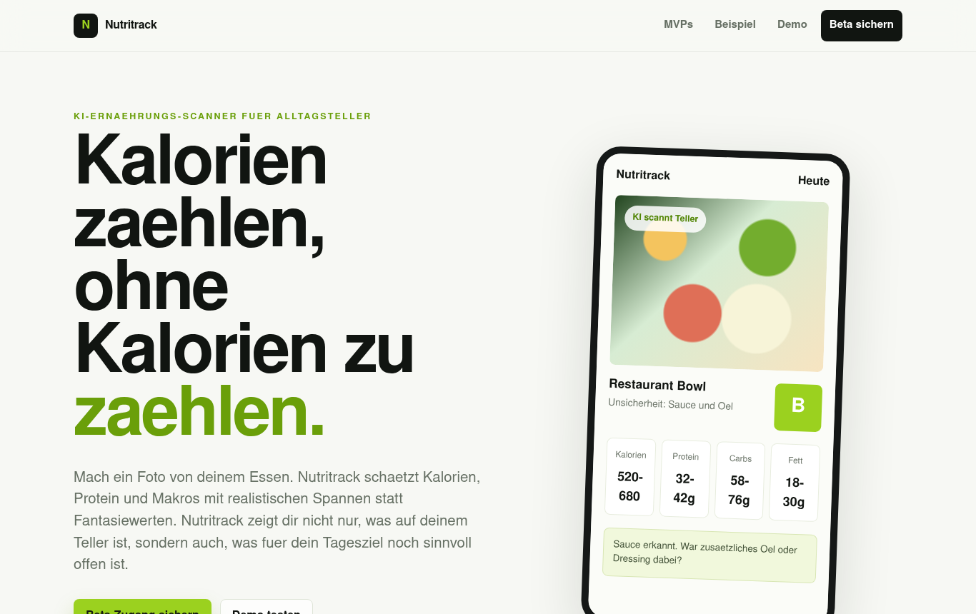 Screenshot of the Nutritrack landing page